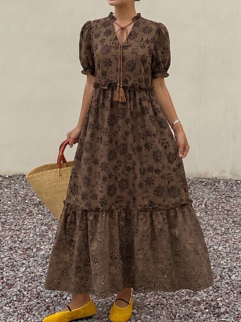 Brown Boho Women's All-Over Print Pleated Casual Party Travel Long Sundress